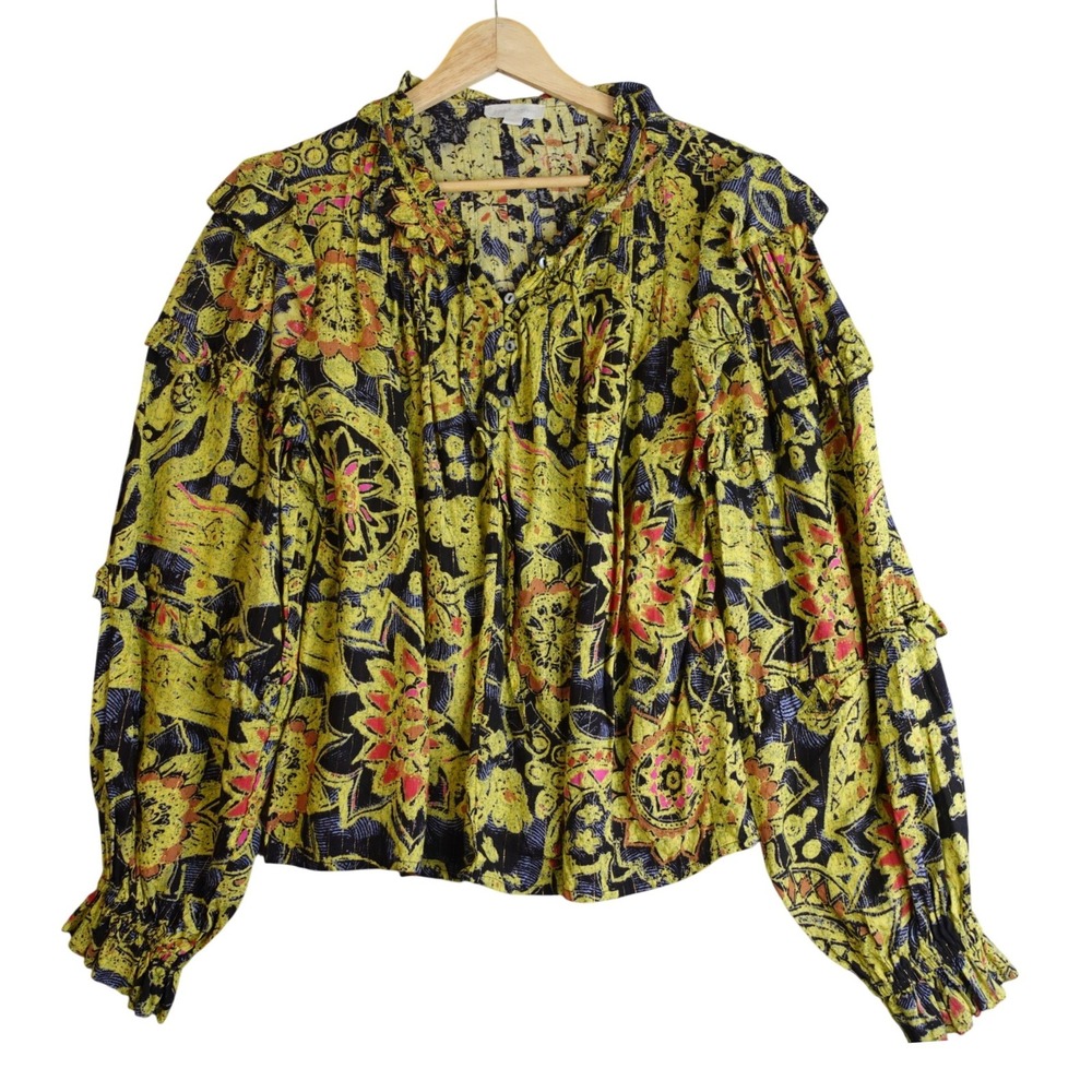 Jennifer & Grace Floral Ruffle Boho Top L Yellow Paisley Victorian Peasant Artsy